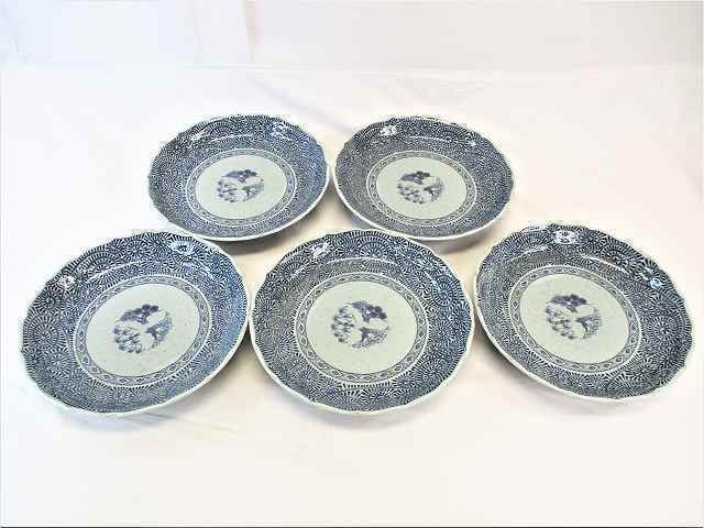 景春窯 丸型 大皿鉢 30cm 5客セット 藍色模様 大鉢皿 盛り皿 盛り鉢 和食器