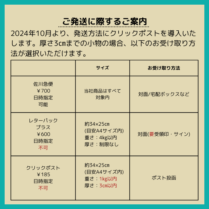 ご配送方法に【クリックポスト】を導入しました
