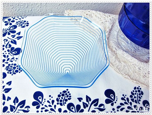 八角のガラス皿は不思議なブルーラインデザイン！