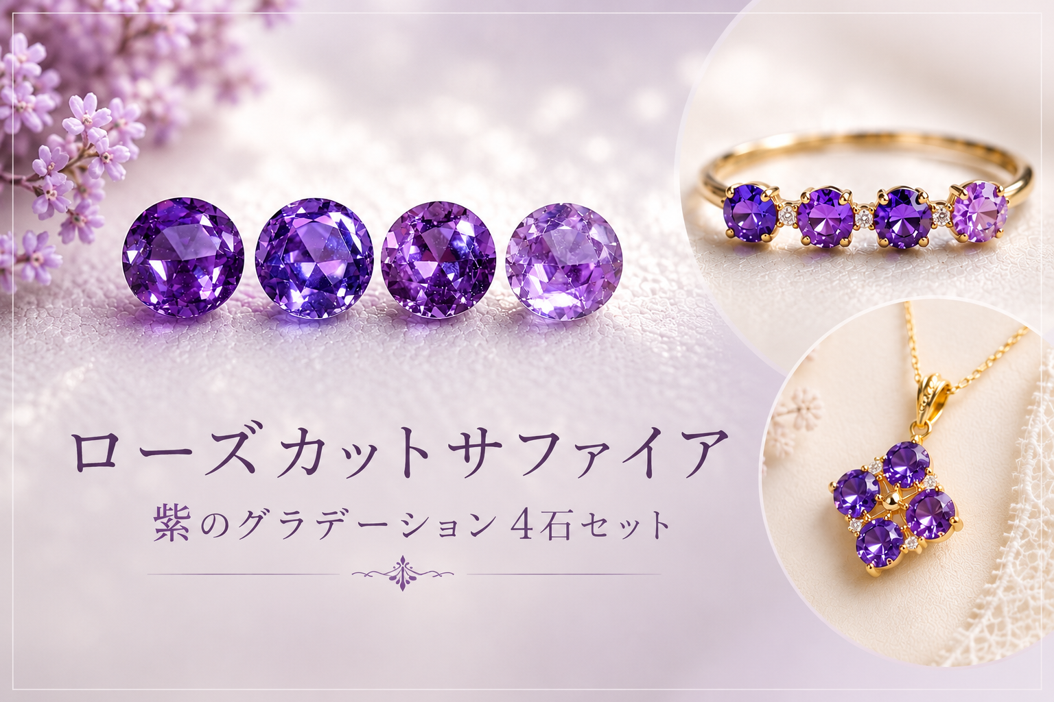 ローズカットサファイアの紫グラデーション|4石セットのパープルサファイア
