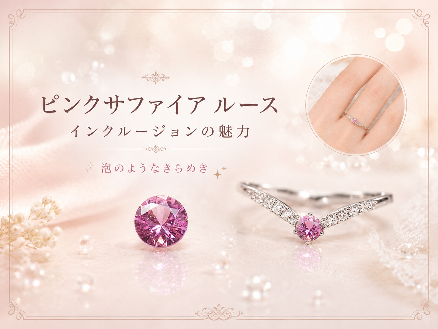小さなピンクサファイアのルース。インクルージョンまで愛おしい、泡のようなきらめき
