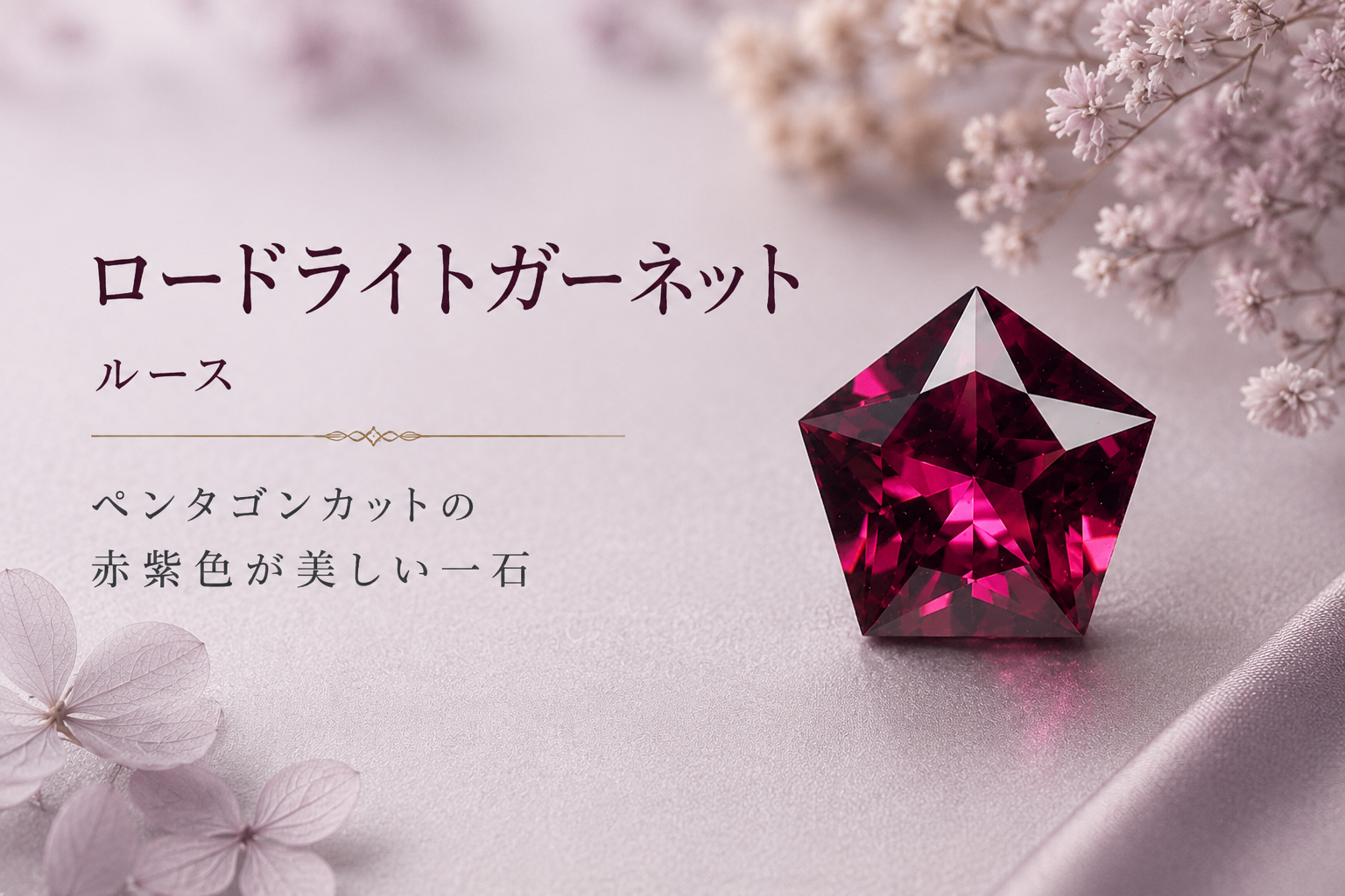 ロードライトガーネットのルース紹介|五角形フォルムが美しい赤紫色の一石