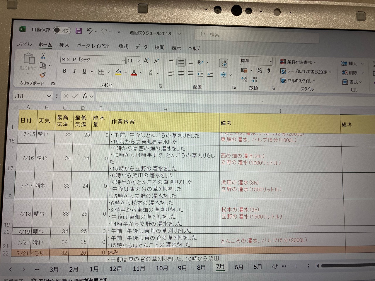 作業スケジュールの確認