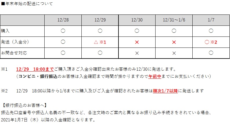 【2020-2021 年末年始配送のご案内】