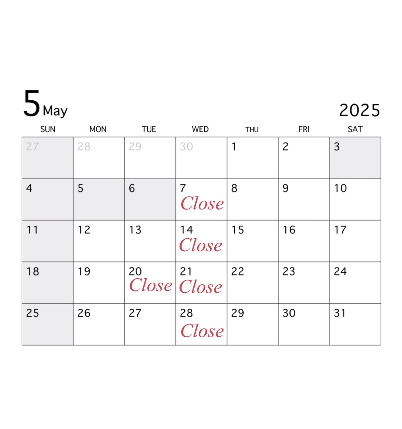 5月カレンダー　5月は20(火)・21(水)と連休となります。