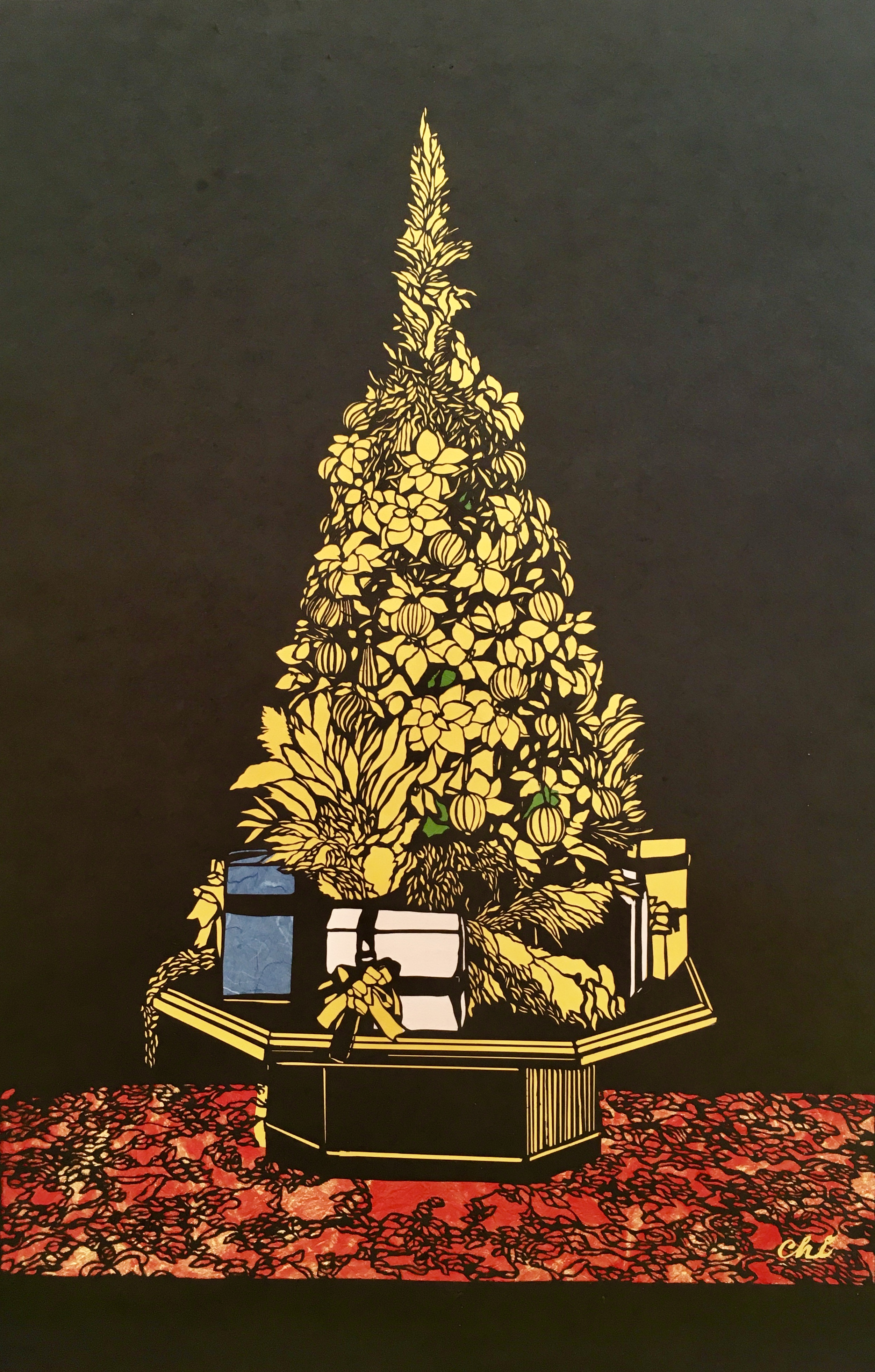 【切り絵原画】クリスマスツリー　　華やかでいて落ち着いた雰囲気の切り絵作品をお部屋飾ってみませんか。