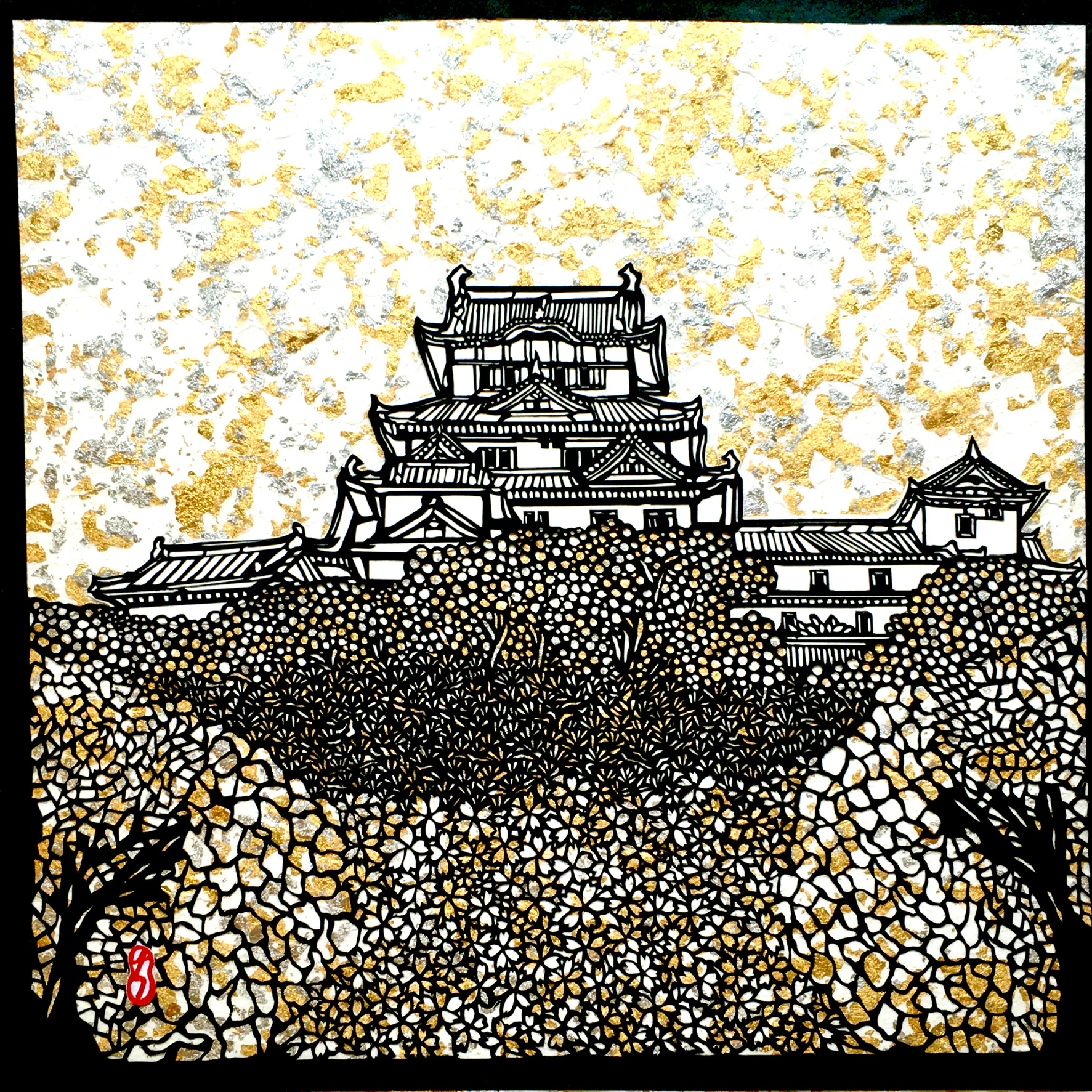【切り絵】姫路城　きらびやかな姫路城をお部屋に飾ってみませんか。正方形なのでどんなお部屋にもマッチ！