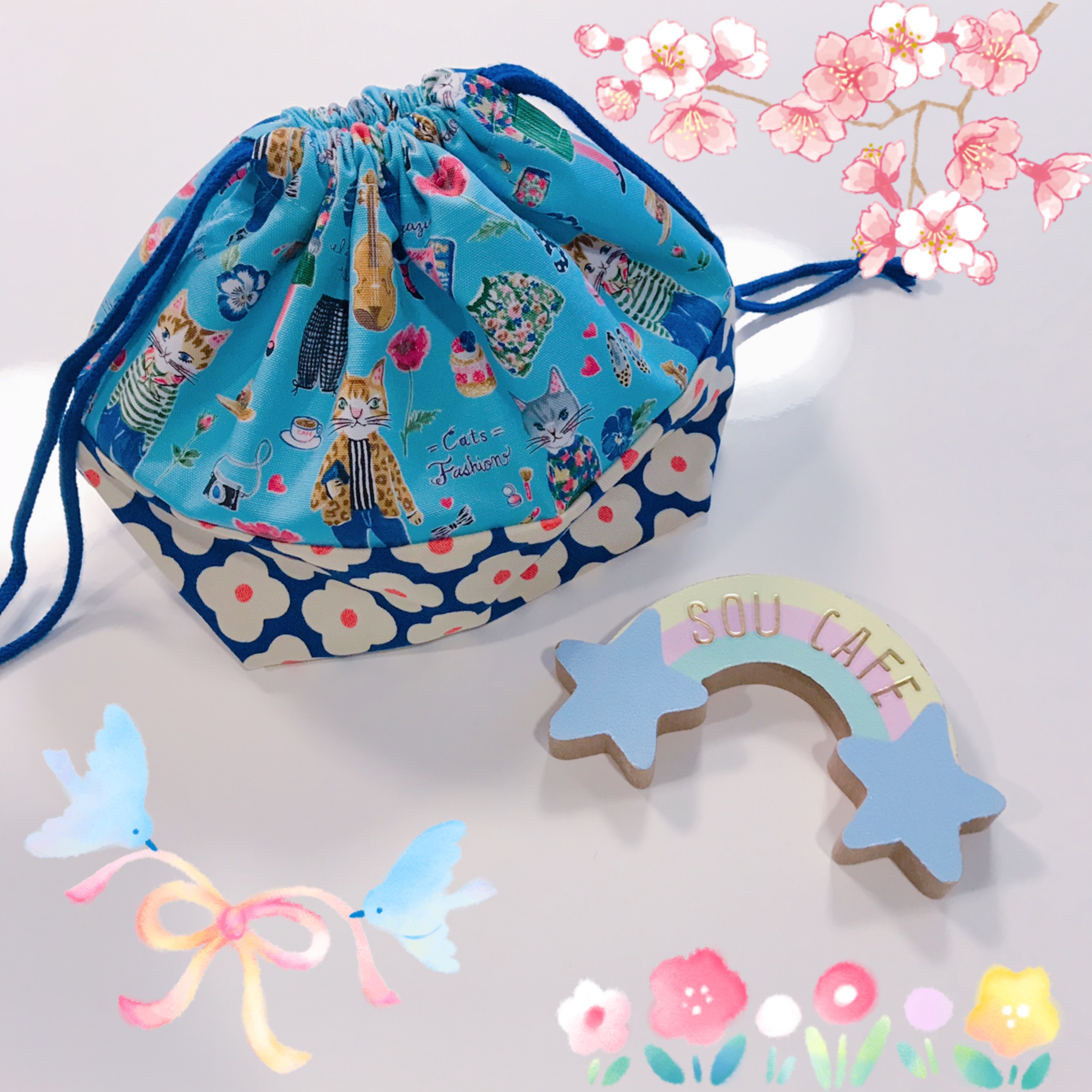 新商品♡ポシェットにもなる♡2way移動ポケット〜おしゃれなネコ（ブルー）〜