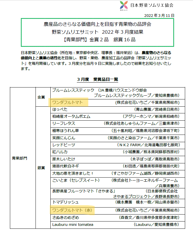 2022年3月　野菜ソムリエサミットで2年連続金賞受賞＆2品種エントリーし、金銀受賞のダブル受賞