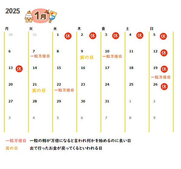 2025年1月の営業カレンダーと吉日情報