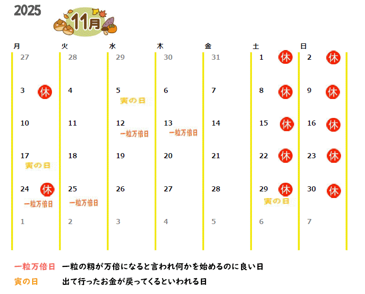 2025年11月の営業カレンダーと吉日情報