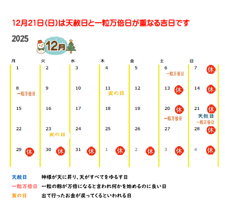 2025年12月の営業カレンダーと吉日情報