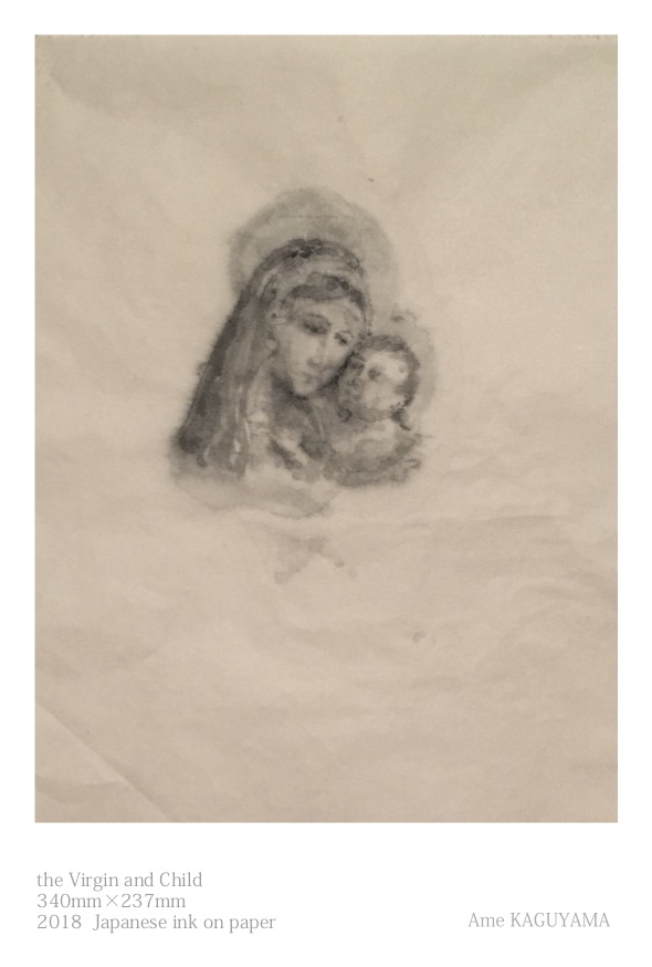香久山　雨さんのドローイング作品　”the Virgin and Child”　のポストカードです。
