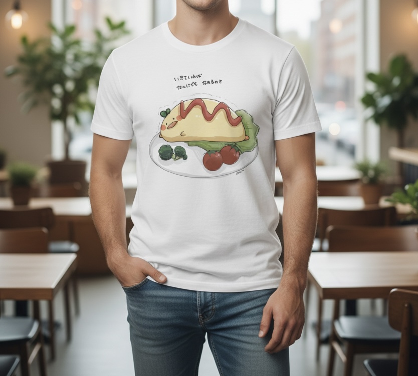のんびりとしたひとときに♪ゆるいオムライスのイラストTシャツ
