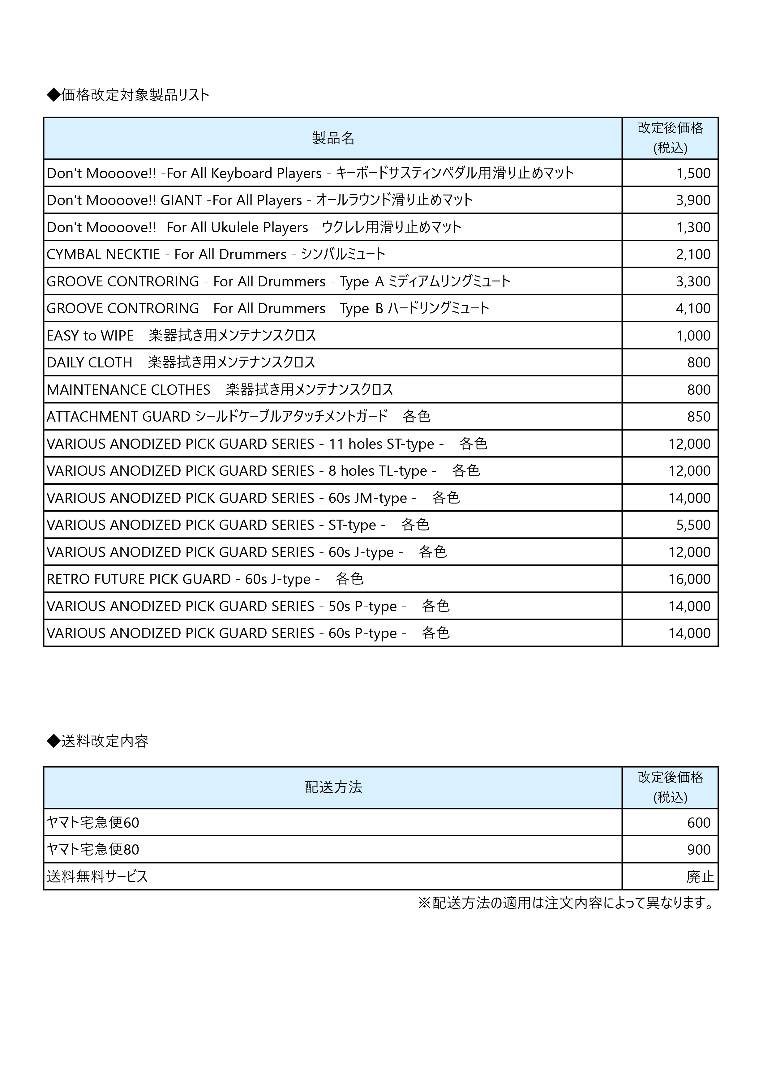 価格改定のお知らせ