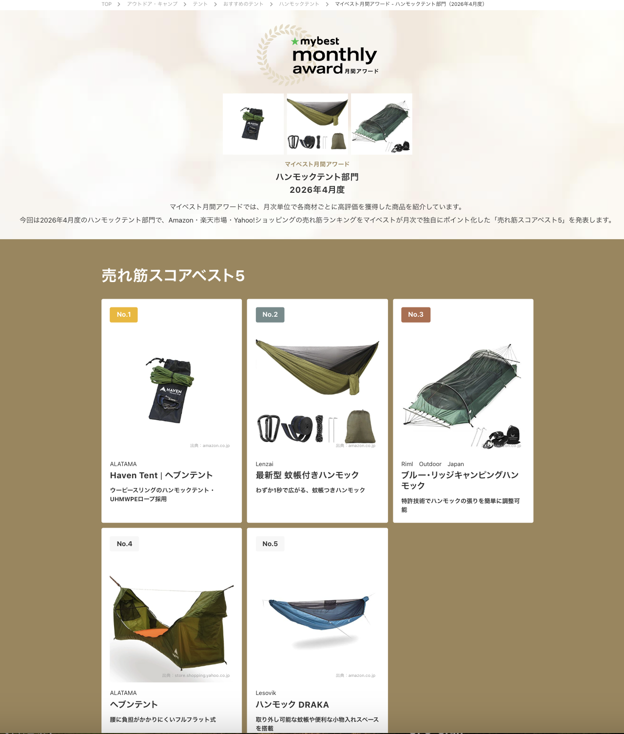 Lawson Hammockが「マイベスト月間アワード ハンモックテント部門 」に掲載されました!