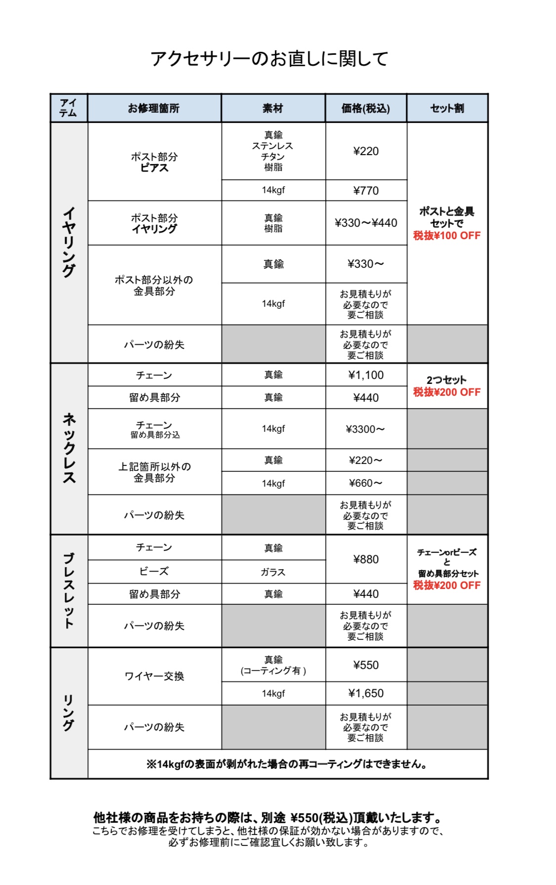アクセサリーのお直しについて