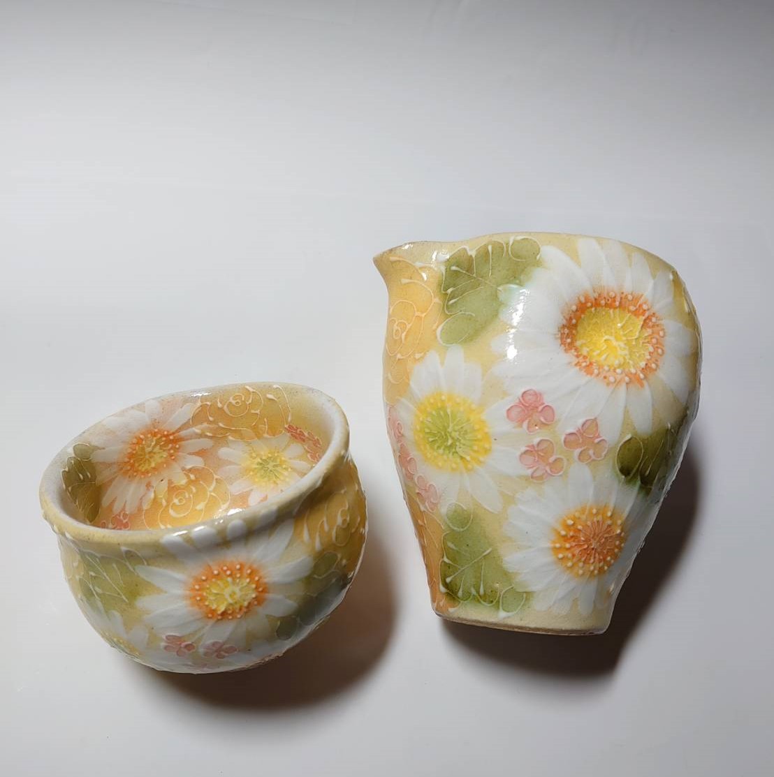 工房ゆずりは　黄彩色絵花酒器セット掲載しました　金運が良く元気の出るイエローの花柄が大人気です。