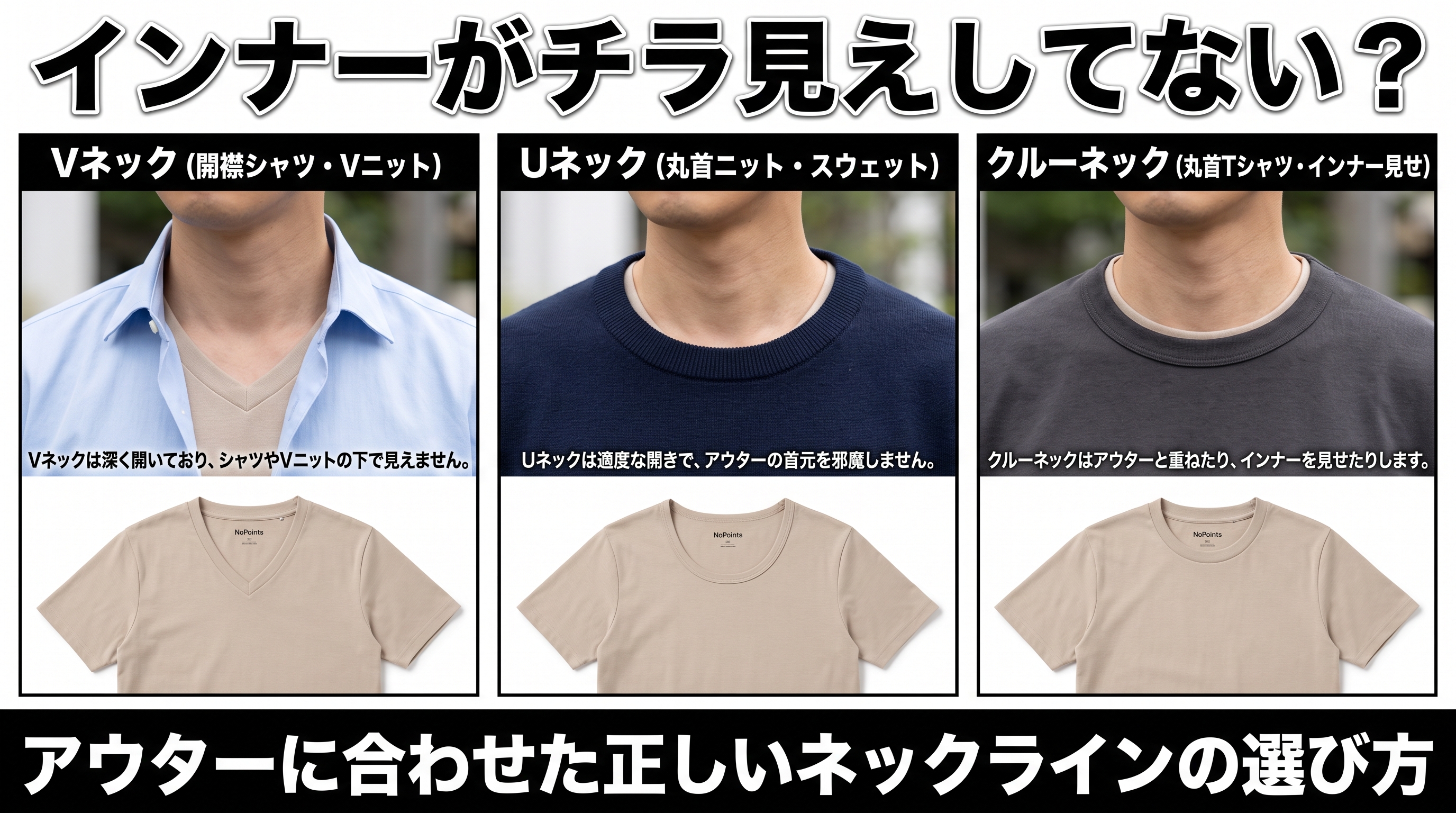 【アウター別】Vネック・Uネック・クルーネックの違いと、絶対に失敗しないインナーの選び方
