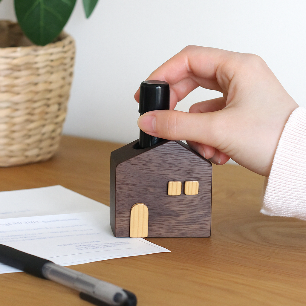 かわいい木のお家印鑑スタンド（ウォールナット）｜暮らしにぬくもりを添えるデスク雑貨