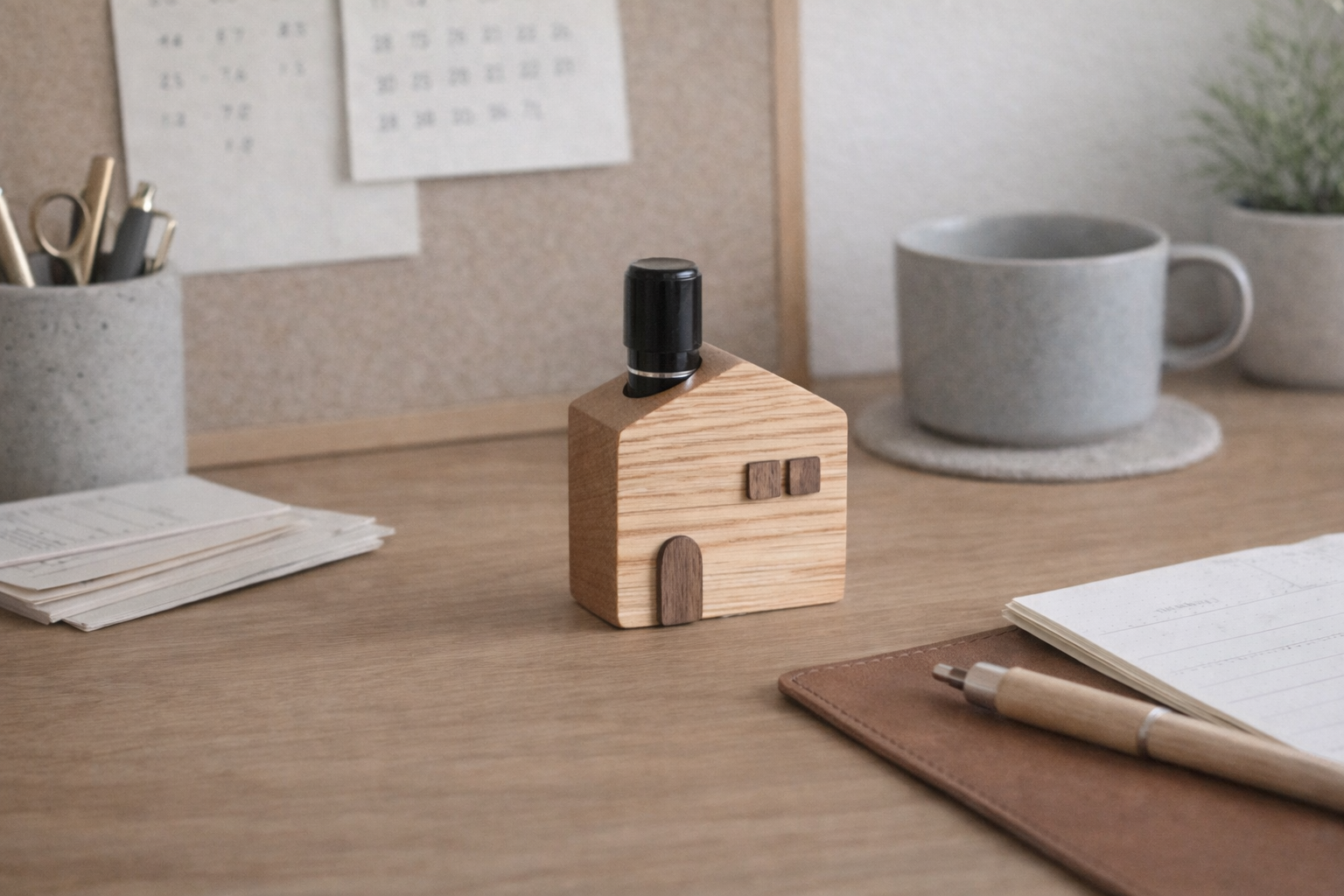 暮らしにそっとなじむ、かわいい木のお家印鑑スタンド（オーク）