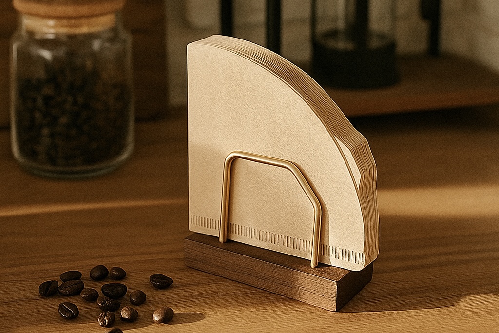 深い木の色と真鍮の輝きが調和する、上質なコーヒー時間