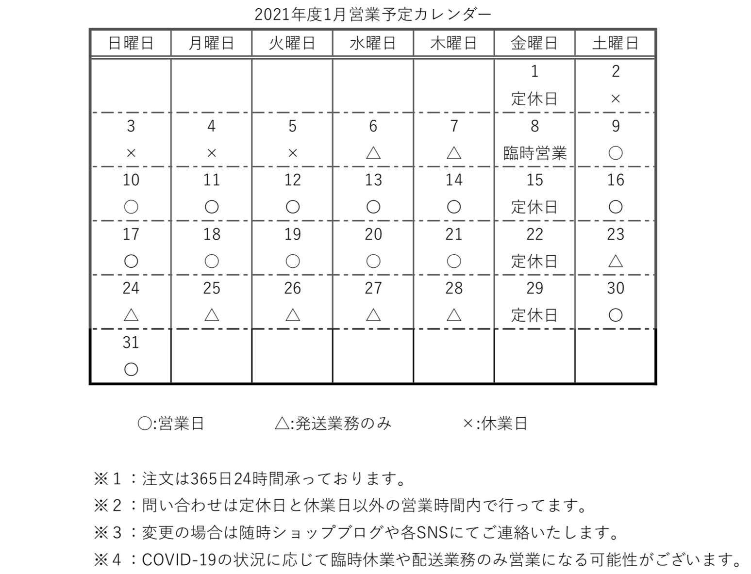 【重要】2021年度1月営業予定カレンダー