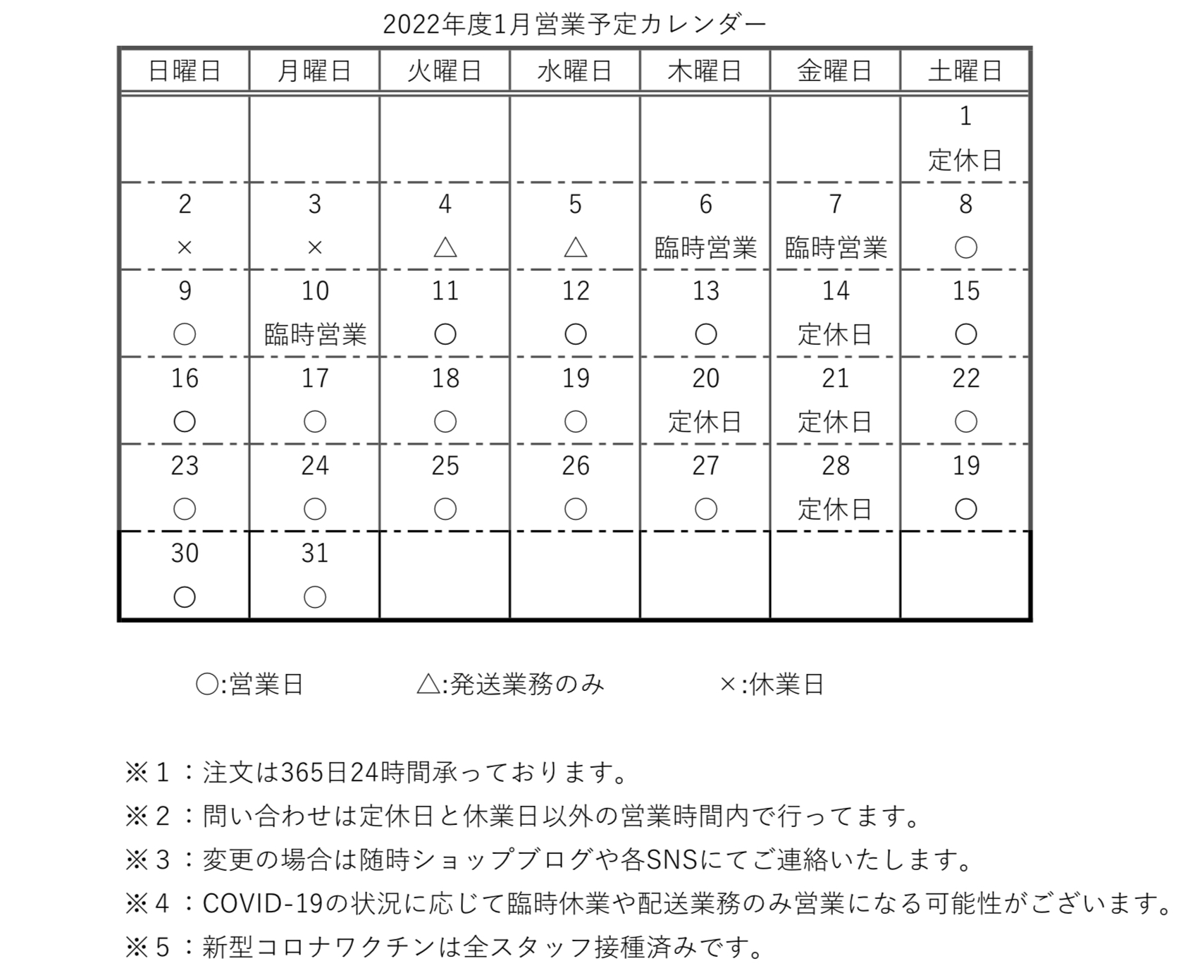 【カレンダー】2022年度1月営業予定カレンダー