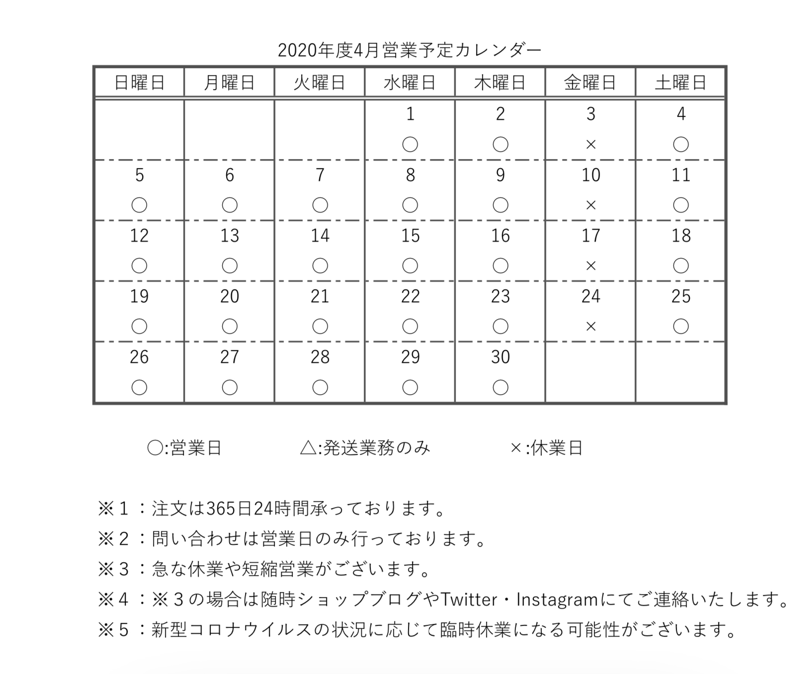 【重要】2020年4月営業予定カレンダー