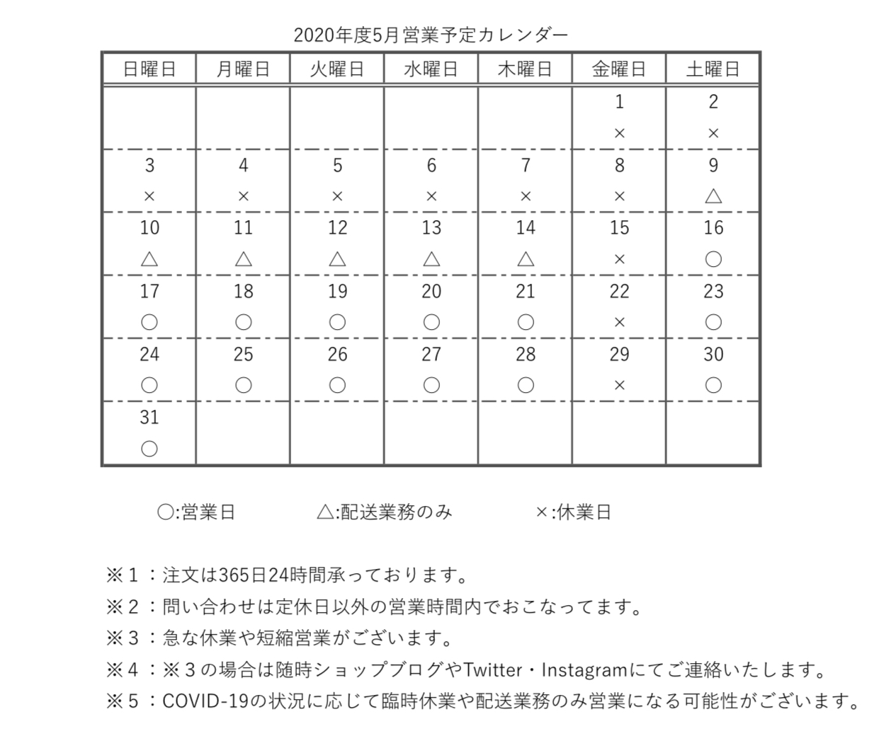 【重要】2020年度5月営業予定カレンダー