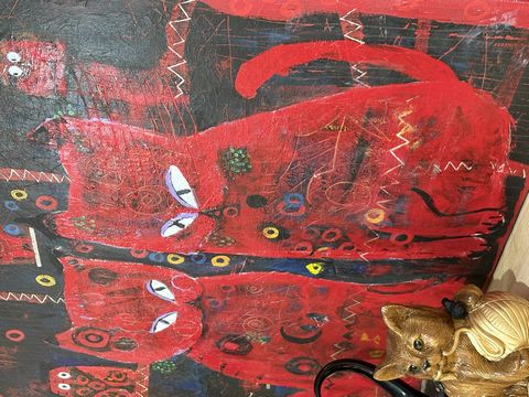 26年4/8  大型キャンバス　30号　赤猫油彩　入荷しました。