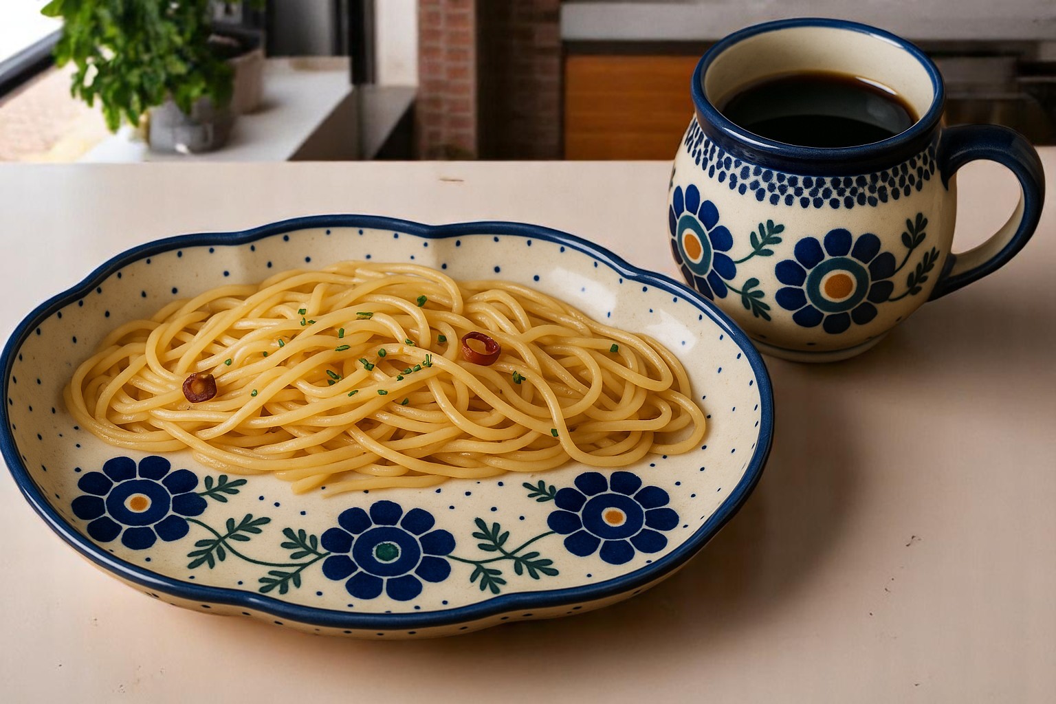 イタリアのスパゲッティ「ペペロンチーノ」を北欧食器とポーリッシュポタリーで楽しむコツ
