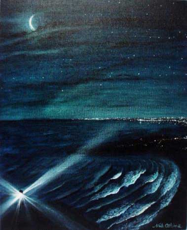 夜の灯台と海［2004年 アクリル水彩画／夜の海の絵・絵画・アート・イラスト］