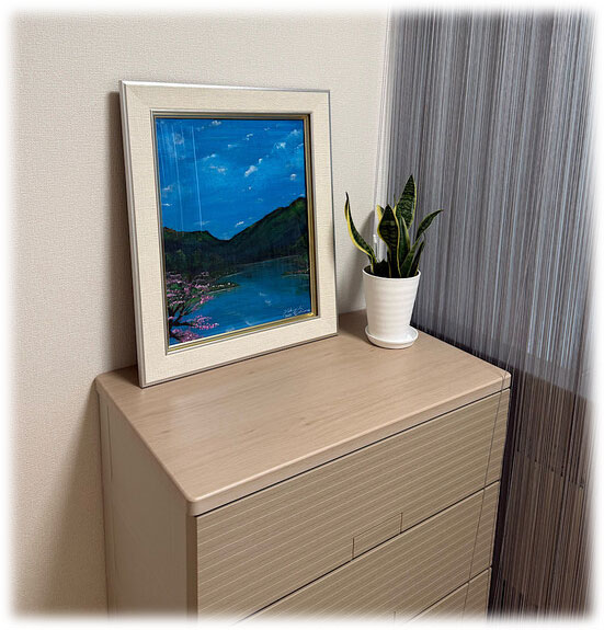 アクリル絵画「Lakeside in spring」原画【手描き／湖畔・桜・春・山・自然・風景・美