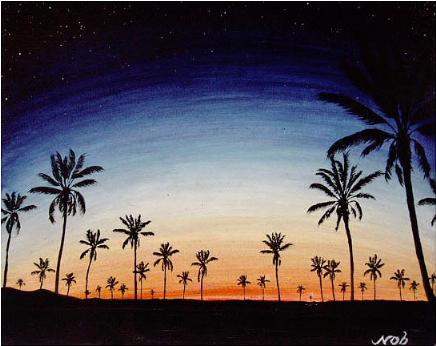 サンセット椰子（Sunset Palm）［2001年 アクリル水彩画／サンセットの絵画・アート］