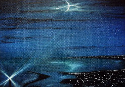 灯台と海［2003年 アクリル水彩画／夜の絵・海の絵画・アート・イラスト］