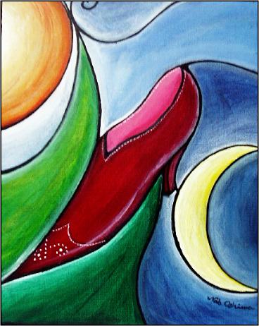 月と太陽と赤いパンプス［2004年 アクリル水彩画／靴の絵画・アート・イラスト・デザイン］