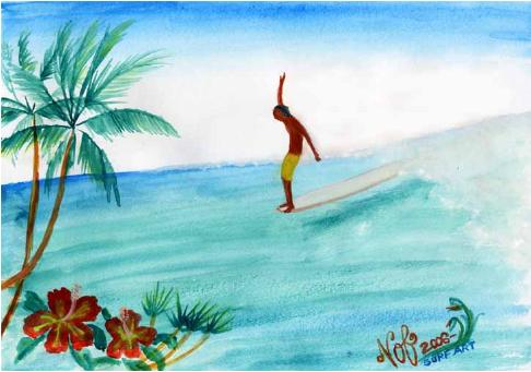 ロングボード・ハワイ［2006年 水彩画／サーフィン（サーファー・ロングボーダー）の絵・絵画・アート