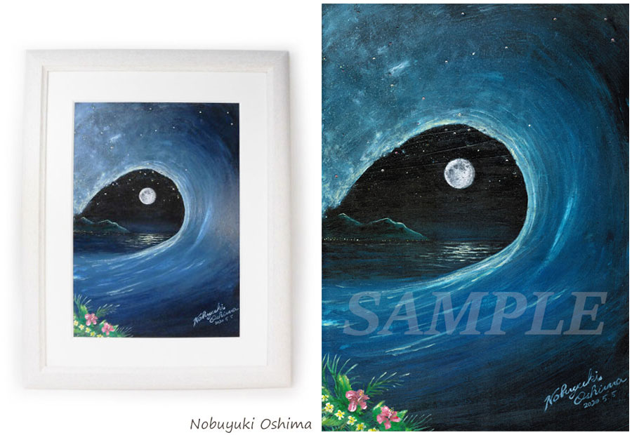 【新作】波と月の絵画。スーパームーンとサーフィン、海にハイビスカス。