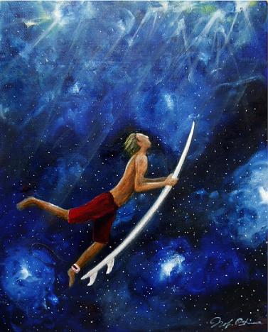 ドルフィン in space［2004年 アクリル水彩画／サーフィンの絵・絵画・アート・イラスト］