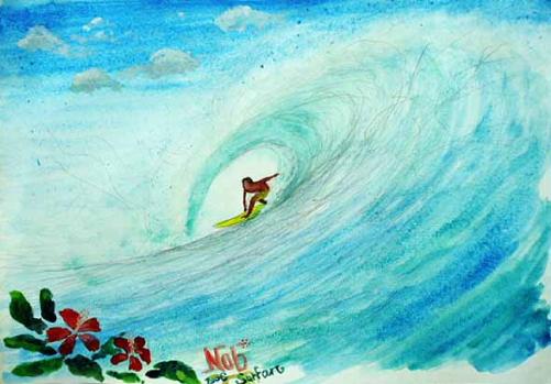 バックハンド・チューブイン［2006年 水彩画／サーフィン（サーファー）の絵・絵画・アート・イラスト