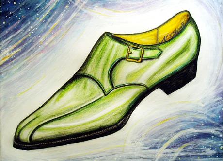 緑色（グリーンカラー）のモンクストラップ ドレスシューズ［2004年 アクリル水彩画／靴の絵・革靴の