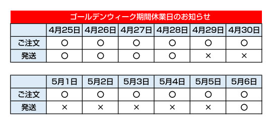 GW長期休業中ご注文分の発送遅延に関しまして