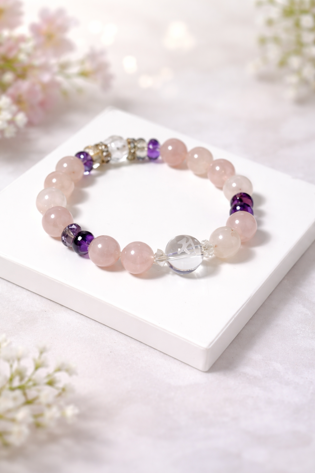 午年の守護神「勢至菩薩」梵字入りローズクォーツ，アメトリン，蓮の中ブレス♡