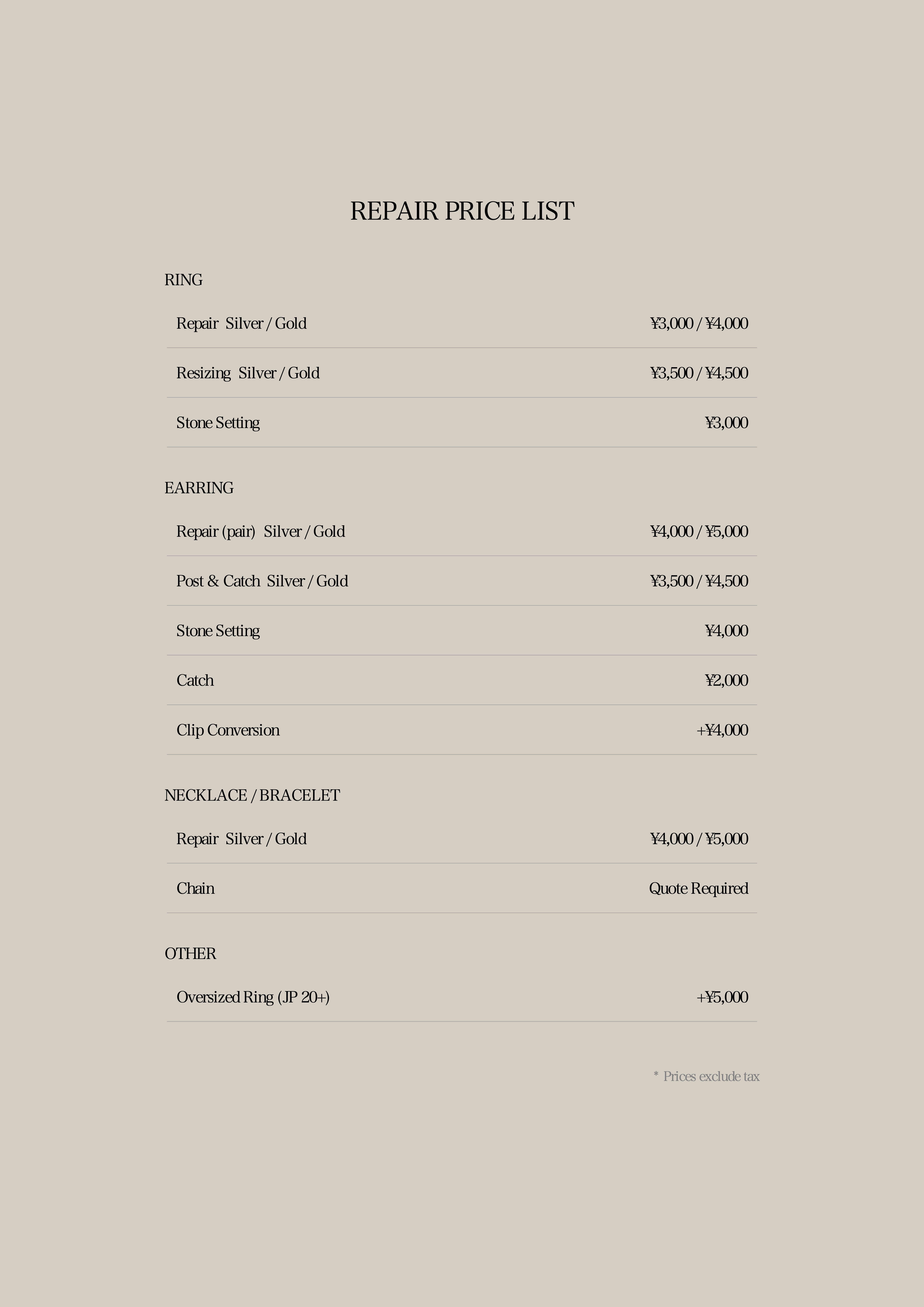 REPAIR PRICE LIST
