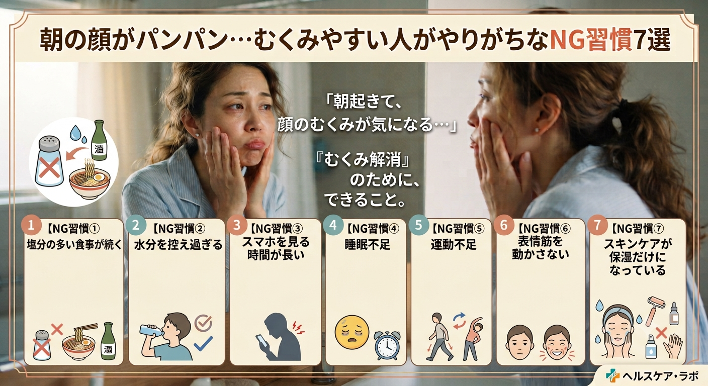 朝の顔がパンパン…むくみやすい人がやりがちなNG習慣7選