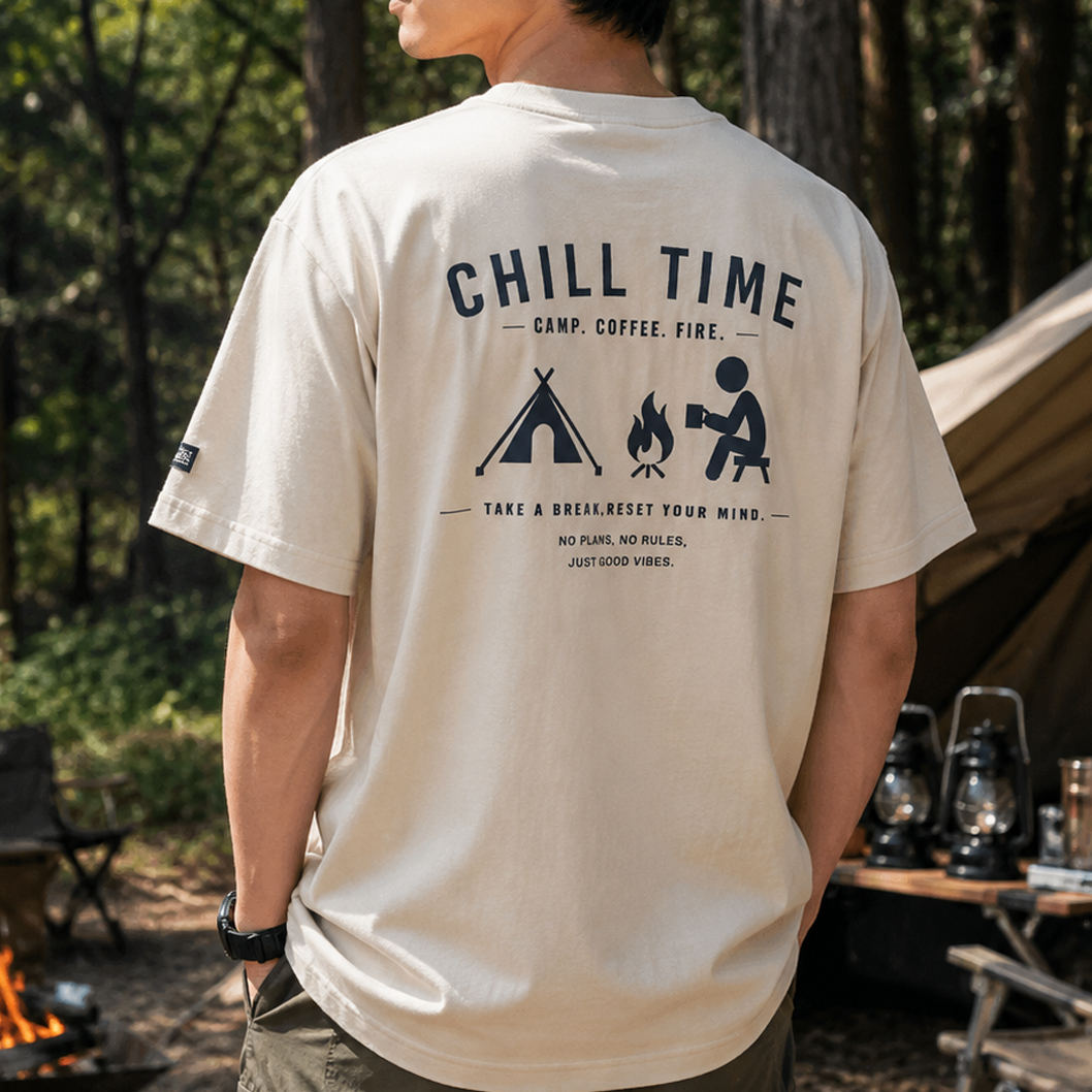 キャンプで一番好きな時間をTシャツにしました。