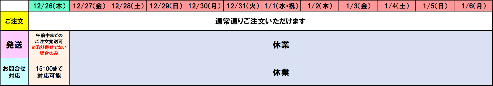 年末年始の配送及びお問合せ対応に関しまして