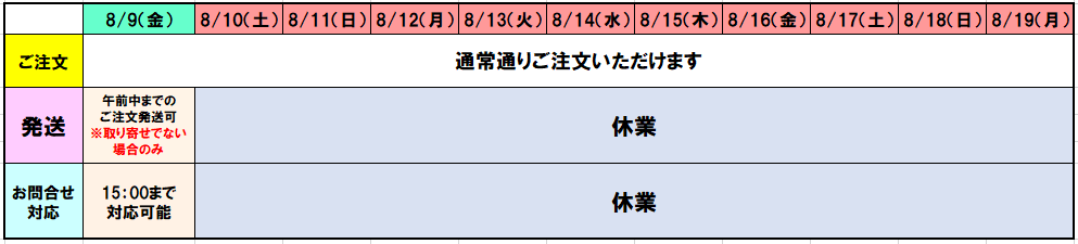 お盆期間の配送およびお問合せ対応の休業に関しまして