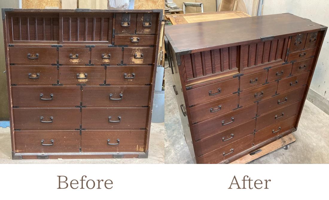 リメイク家具【タンス】大正時代に作られた高級箪笥の塗装仕上げ直しと補修 OJIKI工房